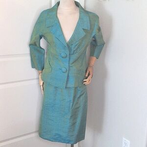 Vintage 60s Turquoise Thai Silk Jacket & Skirt Set Vogue Paris Suit SZ S